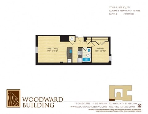 Floor plan for 1 bed, 1 bath, 803 sqft